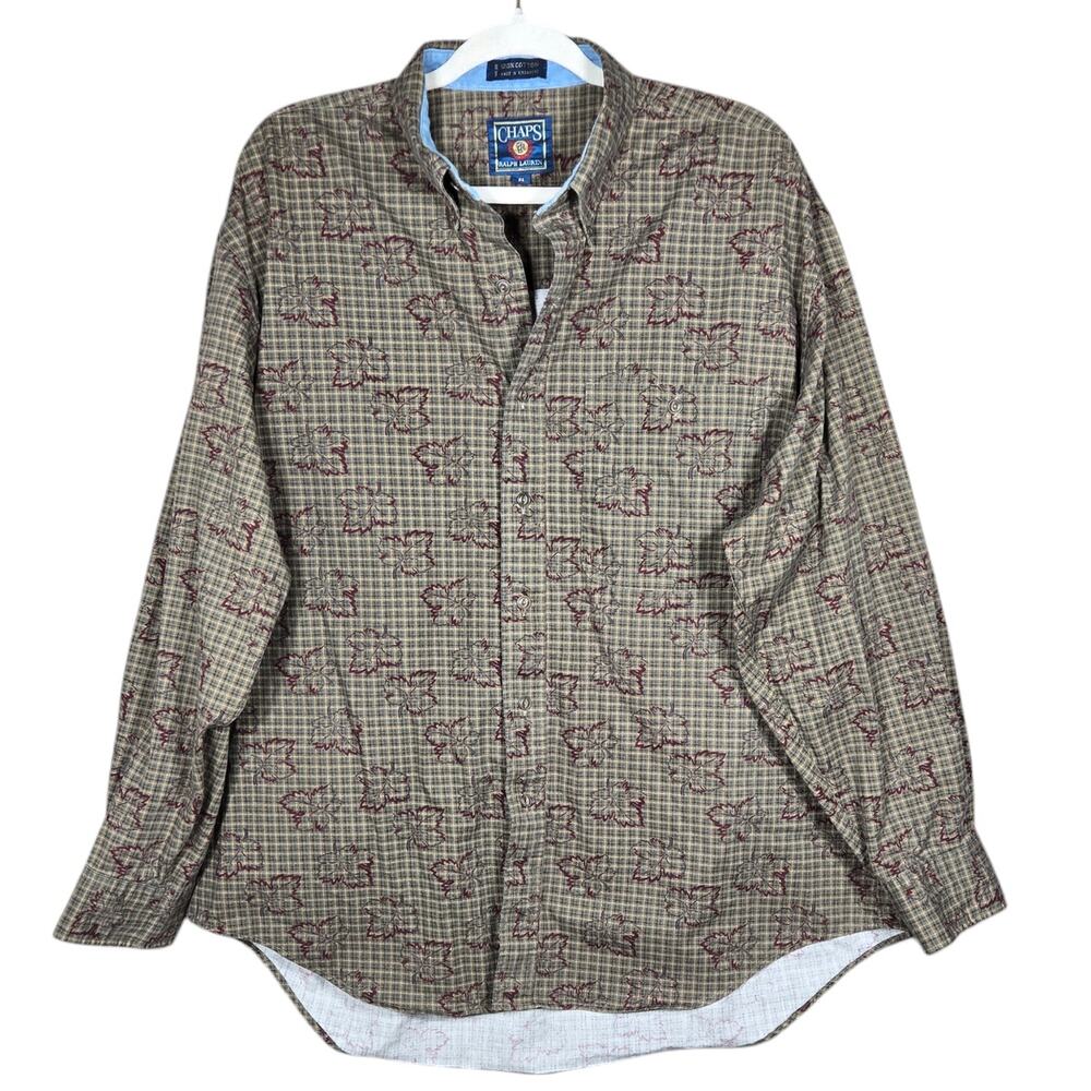 Vintage Chaps Ralph Lauren Shirt Mens XL Plaid Flannel Maple Leaf Button Down‎